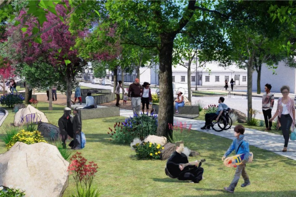 Rendering of landscaped street with street trees and pedestrian sidewalk